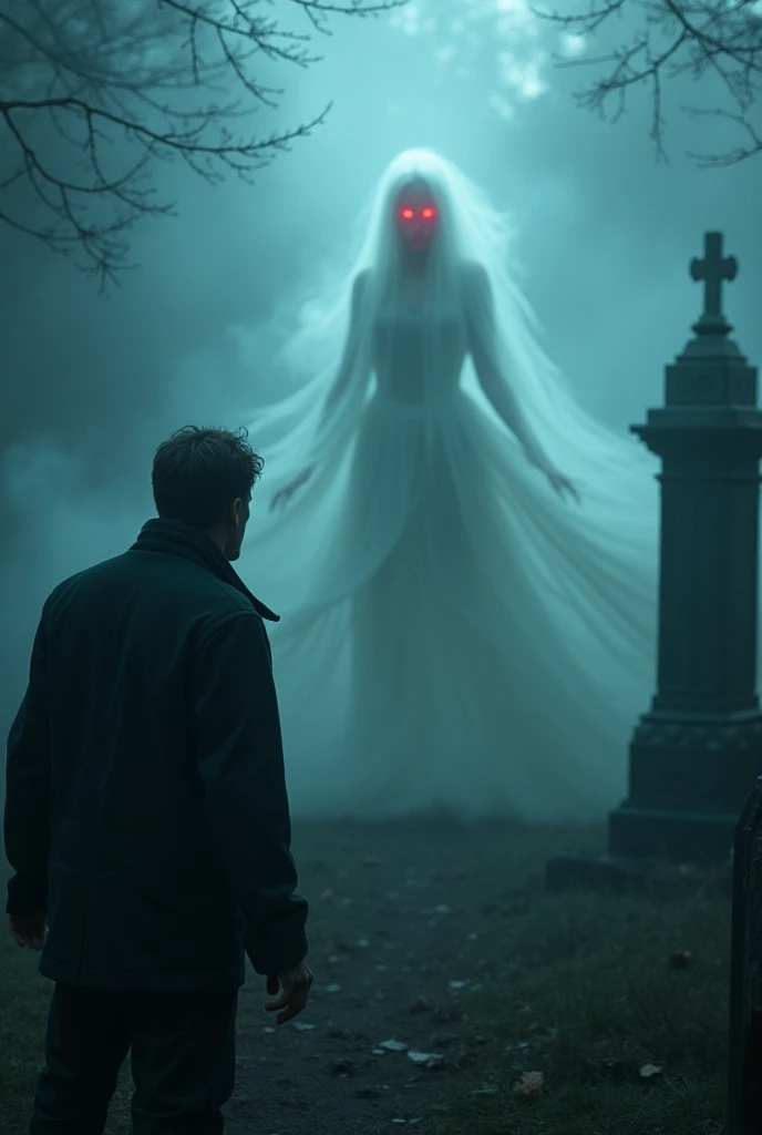 A frightened man, his face pale and trembling, speaking to a ghostly figure of a woman who hovers above her grave, her red eyes fixed on him.
