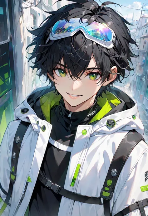 Techwear,, ultra     Details,    masterpiece,    top quality, Midea,     Details,, ultra     Details,    masterpiece,    top quality,   alone, smile, {{{{One boy,    Green Eyes,    short hair,       black hair, bangs,  çµç¹   ,  Messy Hair, ( head goggles:...