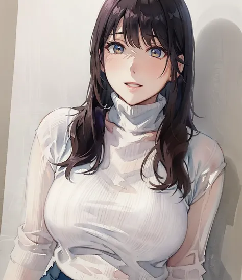 a close up of a woman wearing a white turtle neck sweater, Yoshitomo Nara, japanese model, Chiho, thick neck,  sakimichan,  shikamimi, breasts, thicc, in white turtleneck shirt, sakimi-chan, young pretty gravure idol, shiori teshirogi, (Masterpiece), (best...