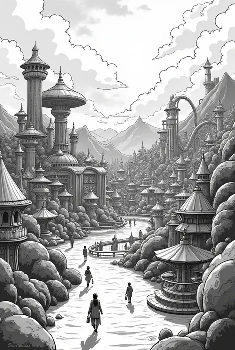 Manga style drawn theme park black and white landscape