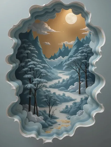 Multi-layer paper art landscape , openwork paper-cutting art ,Guofeng paper carving art ,Snow mountains and forests, beautiful and quiet night ,Mountain and Sea Ruri , Mountain and Sea Secret Volume , radiating a golden glow ,Clouds and fog surround ,Multi...