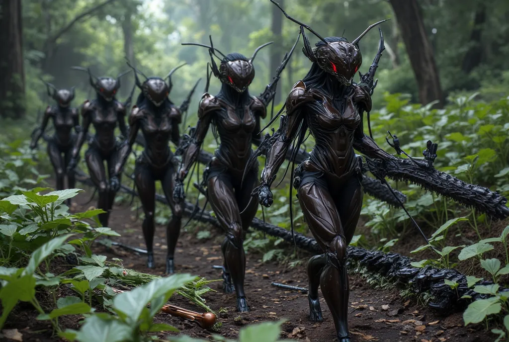 A line of ant women (petite, Asian, dark shiny bikinis, dark silk short hair, antennae headbands, athletic, every 3rd woman is bigger and has better sexy armor and weapons) make their way through the leaf litter of the forest, they are in organized lines h...