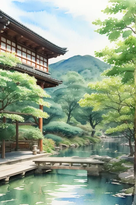 (   Masterpiece:1.2,    top quality),(  very detailed ),(((watercolor))),8k,   wallpaper, 冬のKyoto,summer. green々Tree々、Kyoto,  greenい空,(((   Ghibli style   ))),透明watercolor