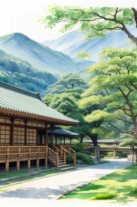 (   Masterpiece:1.2,    top quality),(  very detailed ),(((watercolor))),8k,   wallpaper, 冬のKyoto,summer. green々Tree々、Kyoto,  greenい空,(((   Ghibli style   ))),透明watercolor