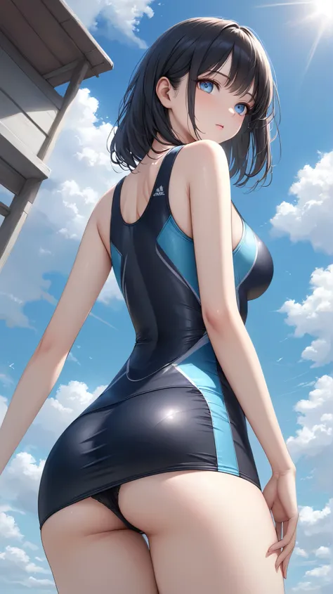 (masterpiece,best quality,ultra detailed,high resolution),(cowboy shot),(realistic:0.5),lady,beautiful eyes,black hair,training swimsuit,mini-pencil-skirt,beautiful sky,from behind,from below,panties,