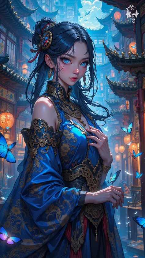  A mesmerizing painting ， depicts a mysterious witch in a magical city market 。 This work of art blends harmonious and airy sounds with mesmerizing visuals。 The focus is on her blue Glaring eyes and flowing hair ，Emulated with mysterious fluorescence 。 She...