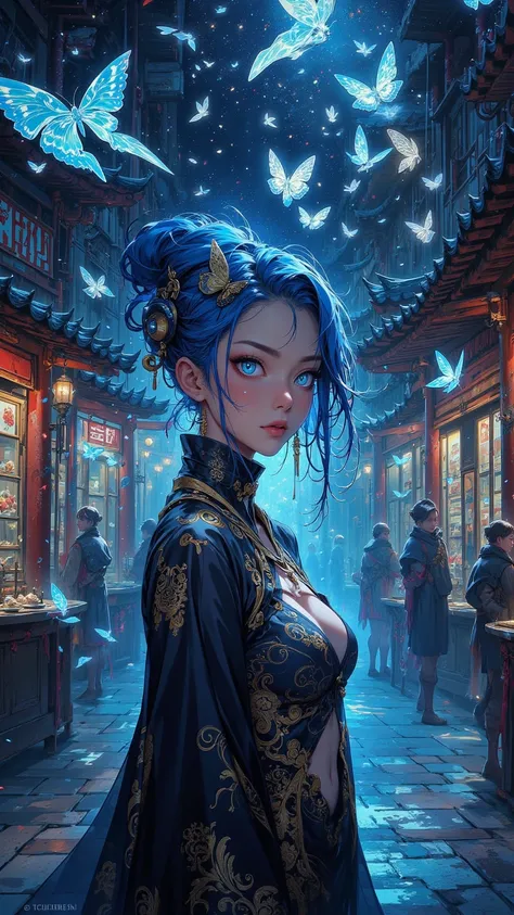  A mesmerizing painting ， depicts a mysterious witch in a magical city market 。 This work of art blends harmonious and airy sounds with mesmerizing visuals。 The focus is on her blue Glaring eyes and flowing hair ，Emulated with mysterious fluorescence 。 She...