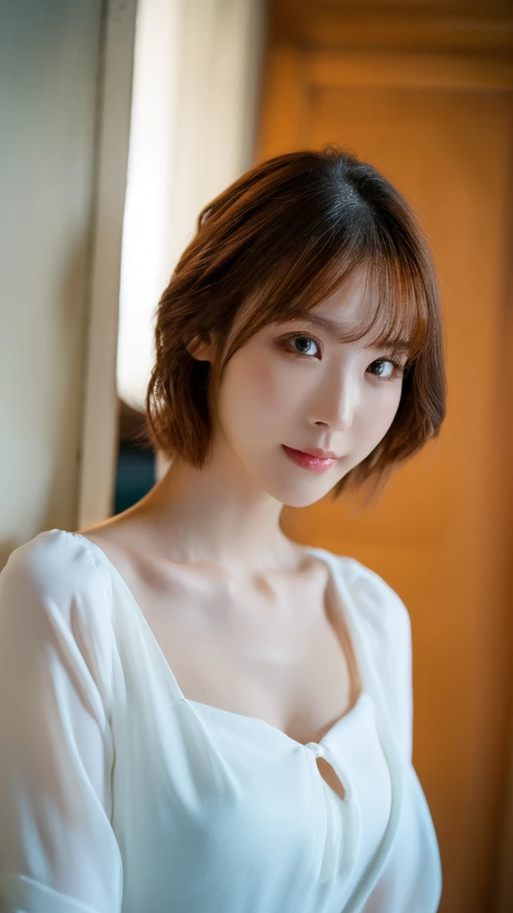 1 woman, face focus, short wavy hair, brown hair, (sexy and beautiful 26 year old single mom), white blouse, looking straight at camera, best quality, masterpiece, ultra high resolution, realistic,