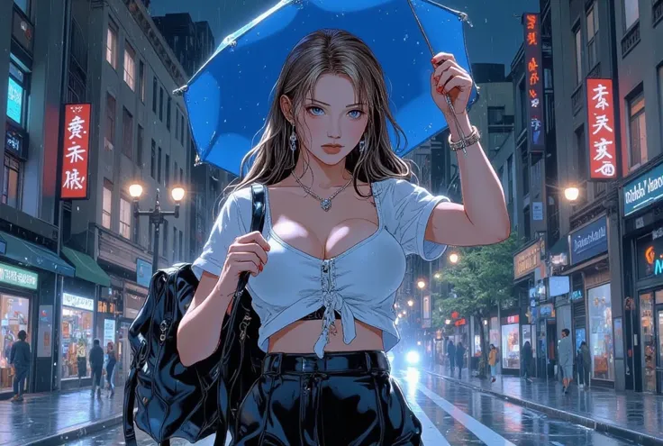 One adult woman,beautiful,Elegant,anime,high quality,Brown Hair,Big Breasts,Ｊcup,White short sleeve shirt,Wet shirt,Sticky shirt,The black underwear underneath the shirt is visible,Black Skirt,Suit skirt,Guerrilla rainstorm,Protect yourself from the rain w...