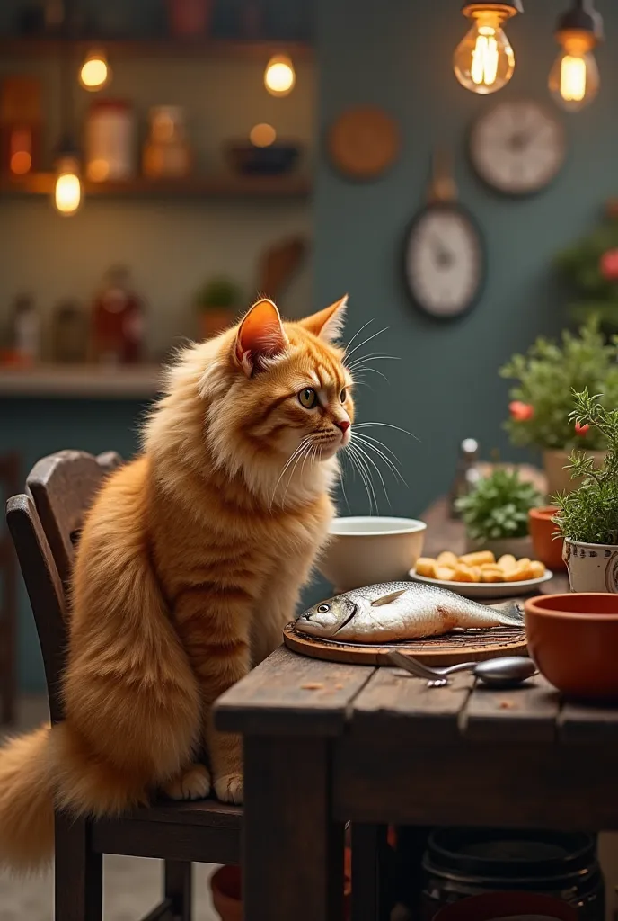 A fluffy orange tabby cat strolls into a bustling fish market, sniffing around before carefully picking out a fresh fish. Carrying it home in a small basket, the cat then prepares the fish in a rustic kitchen, using spices and herbs. With focused eyes, it ...