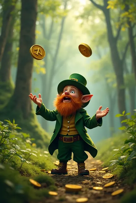 A very realistic leprechaun juggling 2 large coins in a large forest 