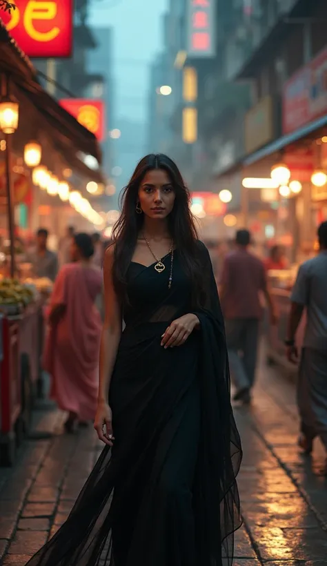 A rich Indian beautiful girl in a black saree walks through a busy street in Mumbai,  with city lights around her.