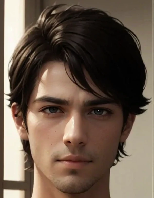     There is a young MAN     (  elegant,handsome )      18 years old, rostro(very high),       with short hair and suit       , asistente hiper       Realistic , sujeto hiper       Realistic , chico anime       Realistic ,       anime style realism       ,...