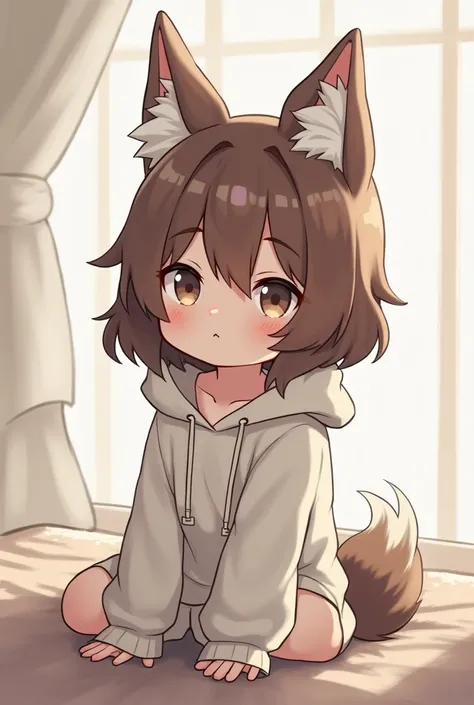 Make a human half-wolf chibi anime-type brunette tea-man with a loose monochrome hoodie and his very fluffy ears 