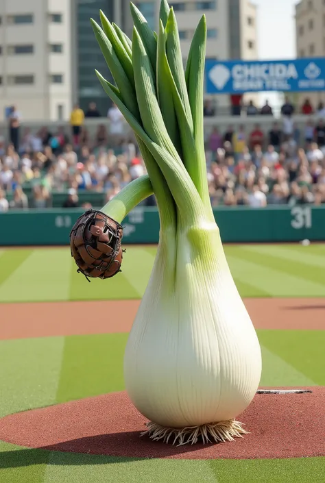 photorealistic,1girl\(smily,Looking up,full body,cheerleaders outfit\(Baseball glove on left hand),stunding,Pitcher throwing the ball pose\),and 1very large humanoid green onion,side by side,It appears large on the entire screen,stadium ground wide shot,Ae...