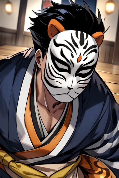  Night Shrine　 dark blue kimono 　 black hair　Handsome guy who hid his face in a tiger mask