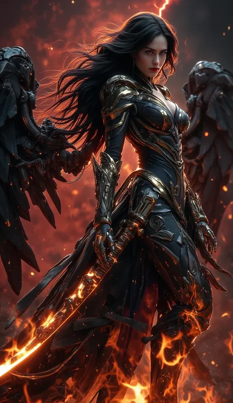  A female figure ， A fallen angel with charming beauty ,  She's surrounded by flames , Like a living piece of fire armor . She is long,  Her hair is flowing like a waterfall ,  of flames The light shines red on her body .  Her blackened and torn wings unfo...