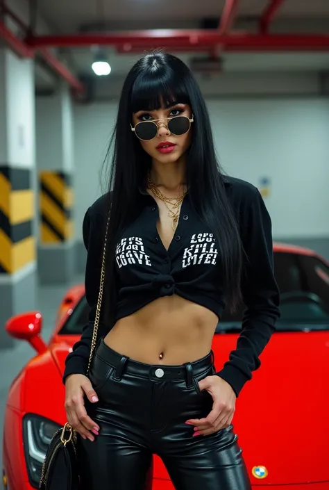 Two men with muscles staying and watching a beautiful woman.  Young woman with long ,  with perfectly straight black hair and thick bangs poses in front of a bright red sports car in an underground parking.  She wears stylish black sunglasses with round le...