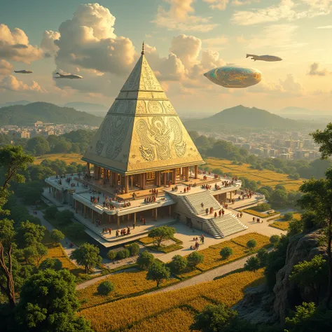 An ancient Sri Lankan cityscape flourishes amidst verdant hills, a civilization of both spiritual enlightenment and advanced technological mastery in 7000 BCE, during the era of Kashyapa Buddha. At its heart stands a colossal, pyramid-like structure, not m...