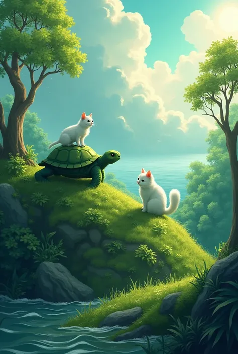 "After a long journey through the storm and floodwaters, the green turtle finally reaches the top of a high hill, away from the danger of the rising water. The white cat, still wet from the storm, steps down onto the lush green grass at the top of the hill...