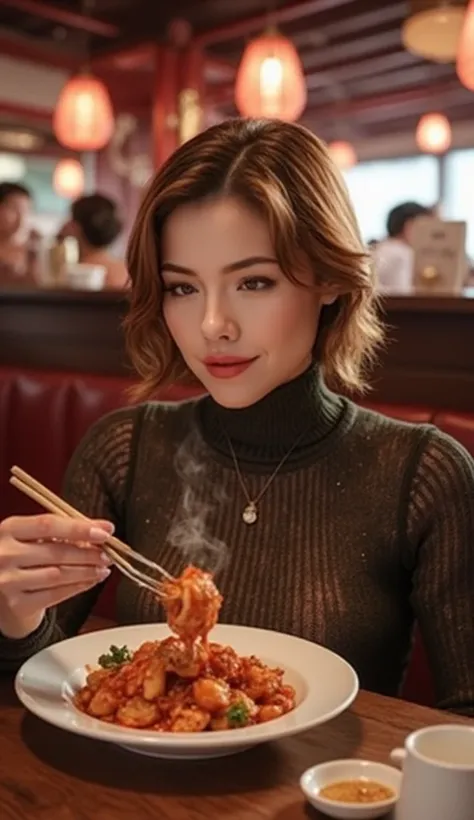 stunning woman with brown hair, sitting on table, turtleneck, eating spicy fried chicken, chinese restaurant 