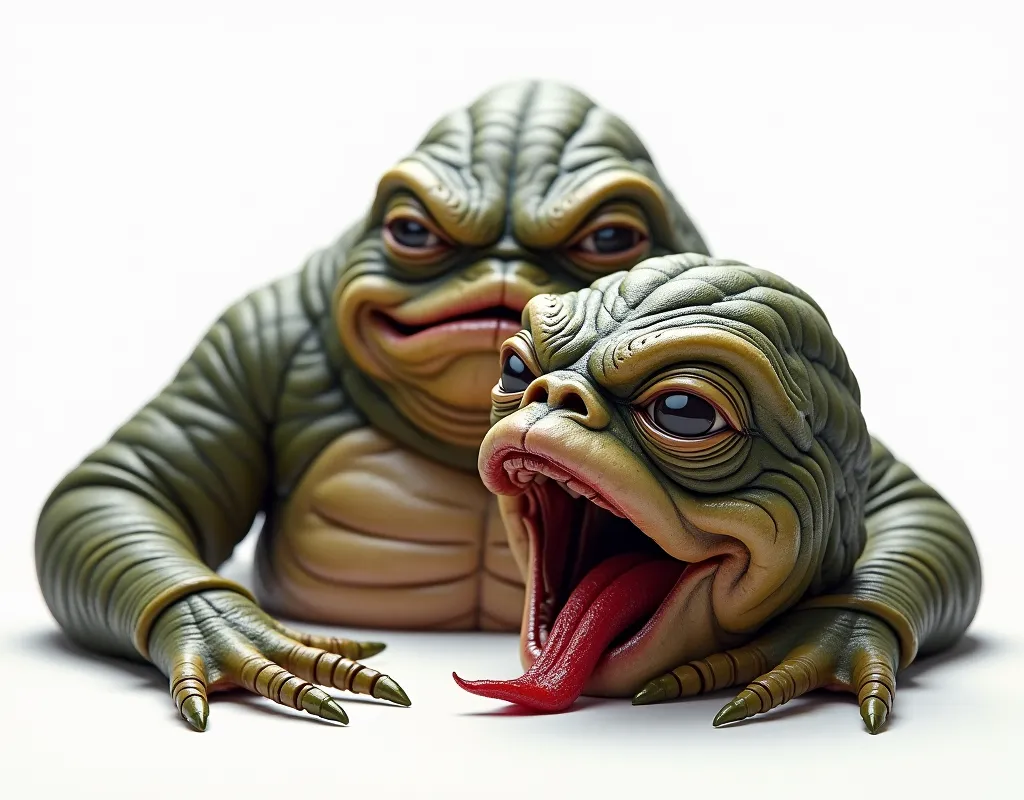 The cut head looks directly at Jabba the Hutt with a red tongue without a torso.  white background