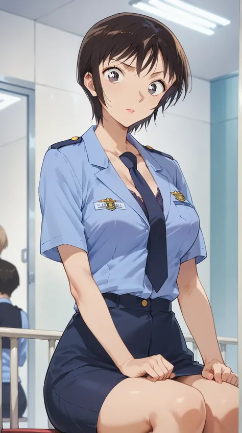 (((score_9, score_8_up, score_7_up, score_6_up))), source_anime,Satou Miwako,black hair,short hair,grey eyes,makeup, light brown hair, blue police uniform,tie, skirt,big breasts,wide hips, hospital examination room,sitting,from view,take off clothes,show o...