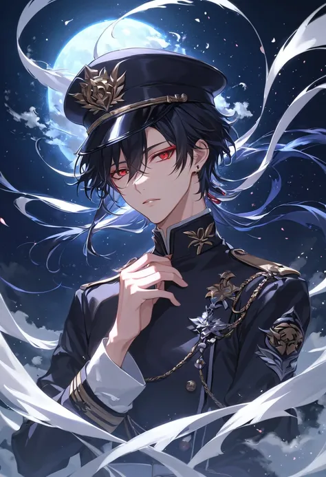 "An ultra-high-definition anime-style illustration of a striking male character with long, flowing black hair that cascades elegantly, each strand meticulously detailed with silky highlights and a lifelike sense of movement. His piercing deep red eye glows...