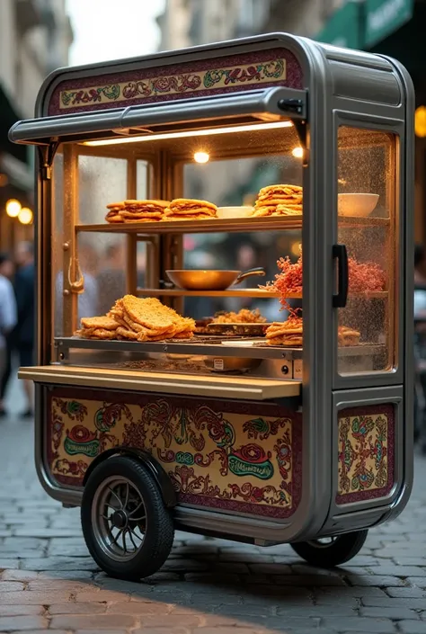 Design a cart for me to make an Arabic liver sandwich. A cart on all sides is clear with pictures of the tools used, such as a frying pan