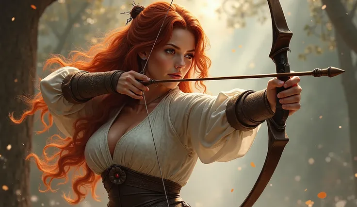 Hami, 28, draws her bow, her long wavy auburn hair tied back, huge breasts straining, and extremely large round booty on full display.

