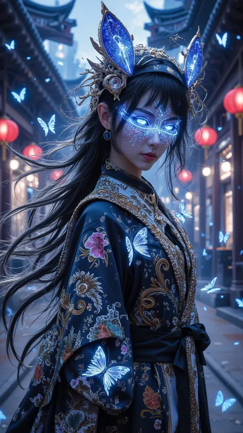  A mesmerizing painting ， depicts a mysterious witch in a magical city market 。 This work of art blends harmonious and airy sounds with mesmerizing visuals。 The focus is on her blue Glaring eyes and flowing hair ，Emulated with mysterious fluorescence 。 She...