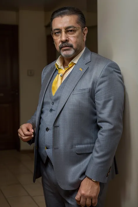 Potrait of handsome chubby 55 years oldman, fat, full body, mix Turkish and Mexican, thin short grey hair, glasses, big nose, moustache and beard, wearing blue suit , yellow tie, brown trousers, similar mix to Arvind swamy and jersey engle, 55 years old, p...