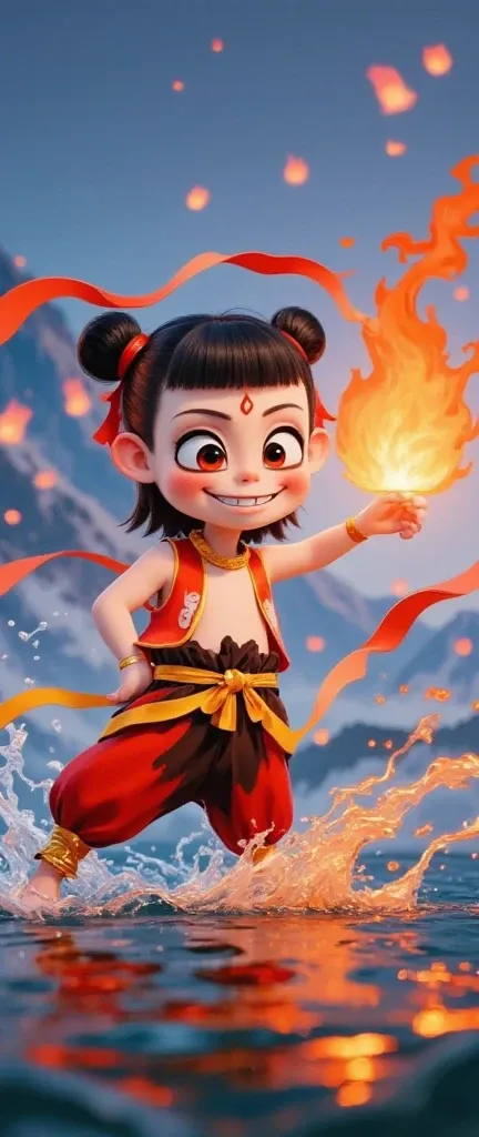 Nezha smiles at the camera while holding Kong Ming Lantern in her hand(masterpiece:1.2,Exceptional Quality,mirror-like,Cinematic Experience),8k,wallpaper,(Shooting from above:2.0),(Countless lanterns released into the night sky:2.0),(Diffuse reflection of ...