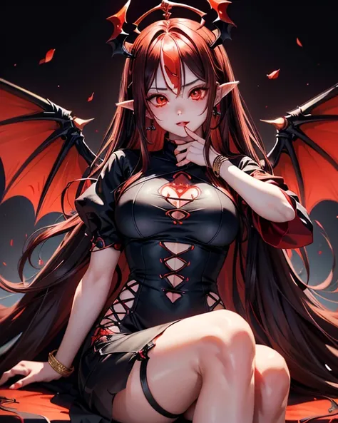 Female demon (age:1.1)、(nationality:1.2)、(Detailed description of clothing :1.2)、( Accessories:1.1)、( facial features :1.3)、( Emoji:1.2)、(Body Type:1.1)、( pose :1.2)、 black fitted dress  (Detailed description of clothing :1.2) Wearing、Red rose tattoo、 long...