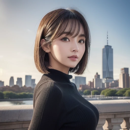 ((( Face Up )))、((( brown, Shoulder length,  straight short bob )))、((( with the New York skyline in her background 、 pose like a model in a beauty salon。.)))、(((Casual black long sleeve winter clothing)))、Half Japanese、Half Korean 、  18 year old girl 、ind...