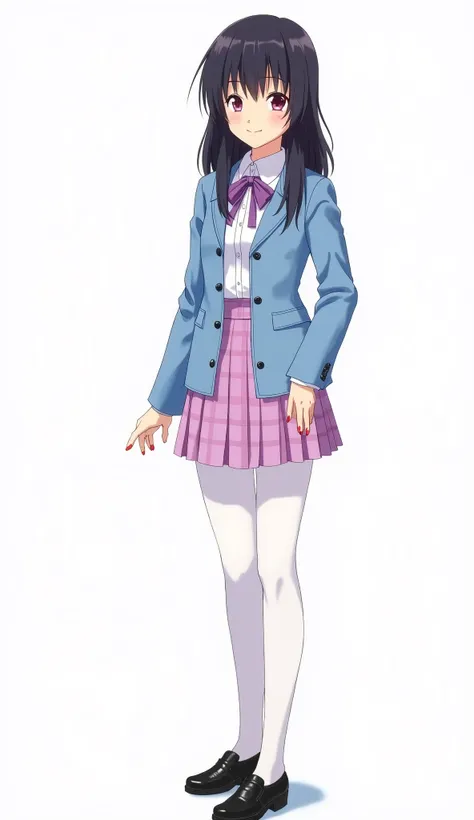 Japanese anime adolescent woman with medium long straight black hair and intense magenta eyes and red nails and wears a light blue blazer with dark blue buttons and a white shirt with a light purple ribbon and a skirt with a checkered design in shades of p...