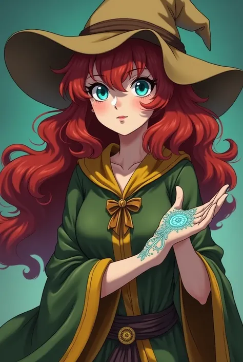 Calcium is a local recluse and magician ,  is a girl with big curvy red hair ,  she is wearing a large khaki medieval hat and a khaki green robe with yellow edges,  has an azure eye and a mandala tattoo on her palm that glows blue . In anime animation styl...