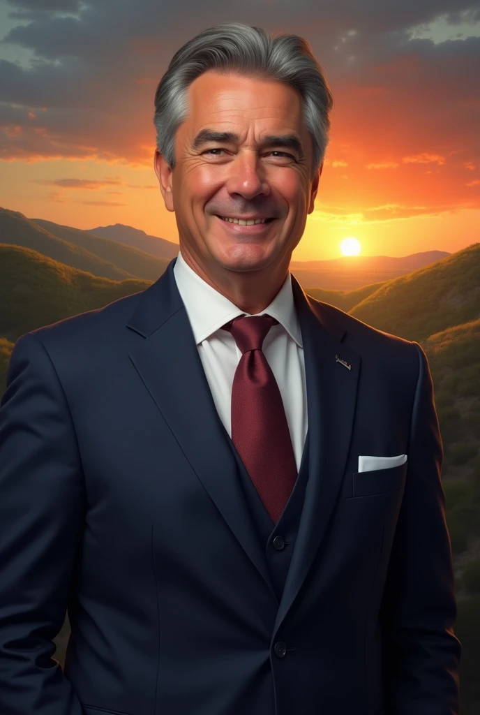 "Create a presidential portrait of a fictional male president of modern United Iberia, aged 50. He should have a confident and approachable demeanor, with salt-and-pepper hair neatly styled. Dress him in a tailored navy blue suit with a crisp white shirt a...