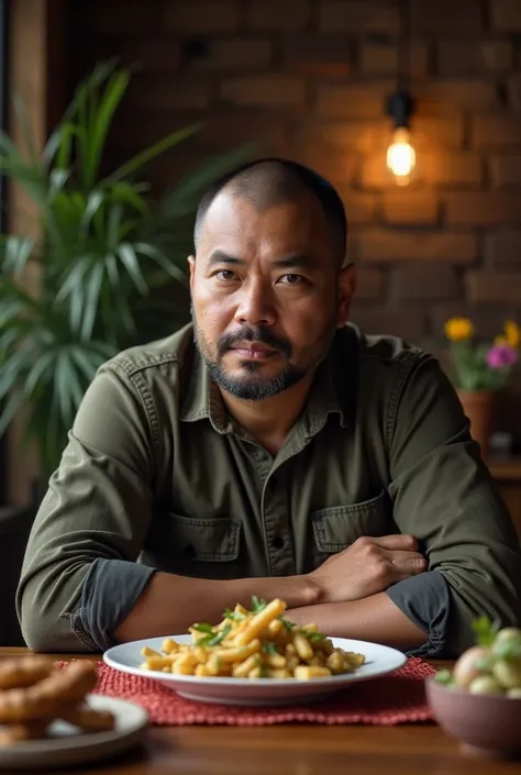 there is a man sitting at a table with a plate of food, without beard and mustache, without beard, ramil sunga, with serious face expression, 4 0 years old man, (38 years old), khyzyl saleem, with a small beard, with accurate face, inspired by Basuki Abdul...