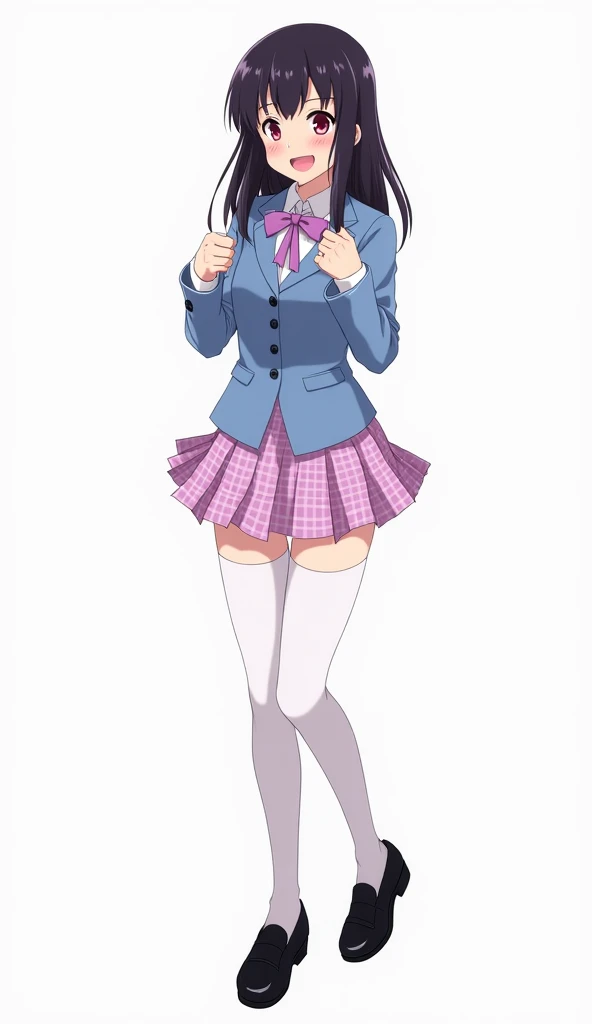 Japanese anime adolescent woman with medium long straight black hair and intense magenta eyes and red nails and wears a light blue blazer with dark blue buttons and white shirt with a light purple ribbon and a skirt with a checkered design in shades of pin...