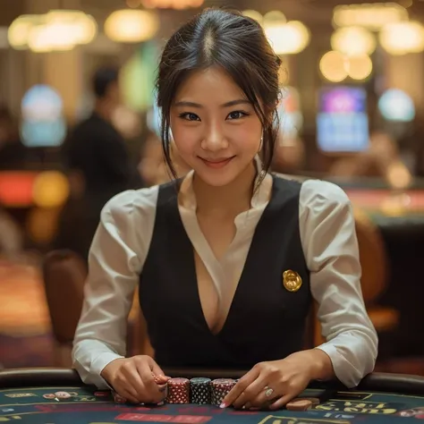 Make her a smiling asian female, mid 20s, looking at the camera, black sexy dress, casino elements, perfect fingers