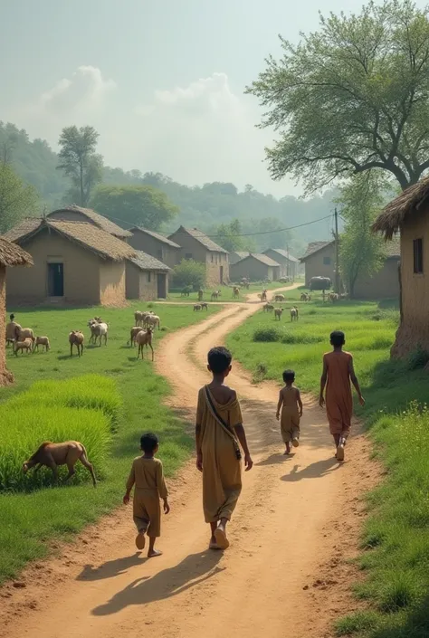 Harrori pic Care at."A rural village in South Asia, with small mud houses, green fields, trees, ren playing, villagers working, and animals grazing. A young boy named Saleem is walking on a dirt path with his friends, wearing simple village clothes."


---