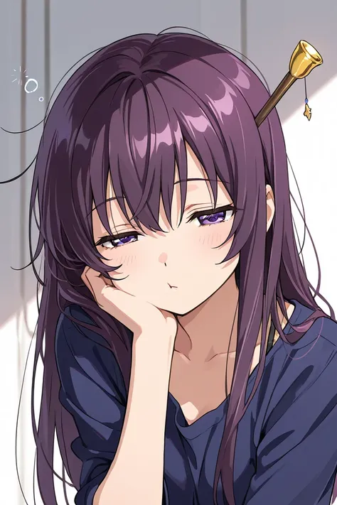 {{ top quality}},Anime girl wearing a cheek stick, one girl, Sleepy eyes, Fine Lines,  purple eyes,  long hair,  Gold