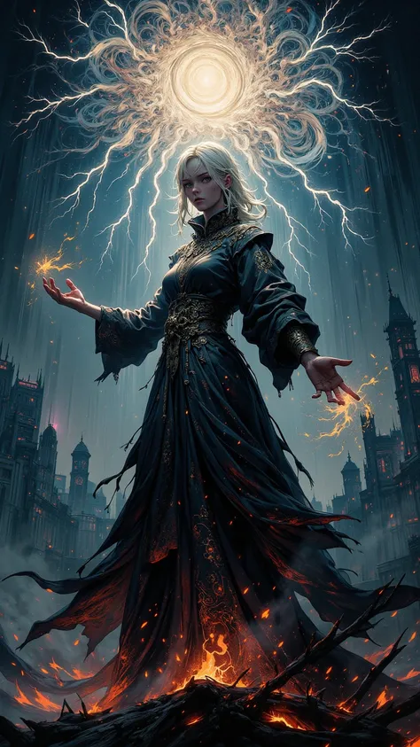 An ancient sorcerer ， Her once glittering robe is now burnt to a rag， stands at the center of a huge magic vortex 。 The tentacles of mysterious lightning pulsate and thunder ， gathers on her outstretched arm ， masterpiece， high quality， super detailed ， ex...