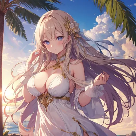 Palm to the sun, 1 girl,  big breasts,  high res,  high definition model,  high quality,  Gold,  long hair,  anime style, 