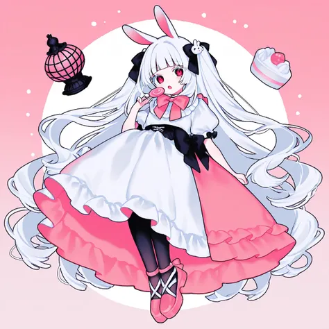 (Tsubaki Tsubaru:1.0),(Yumenouchi :0.1),( Kamikura Eku :0.1), 1girl , colorful, fairy tale, sweets, cake, Alone, long hair, holding, lolita, white lolita, pink footwear, rabbit ears, red eyes, looking at viewer, hair ornament, floating, holding candy, two ...