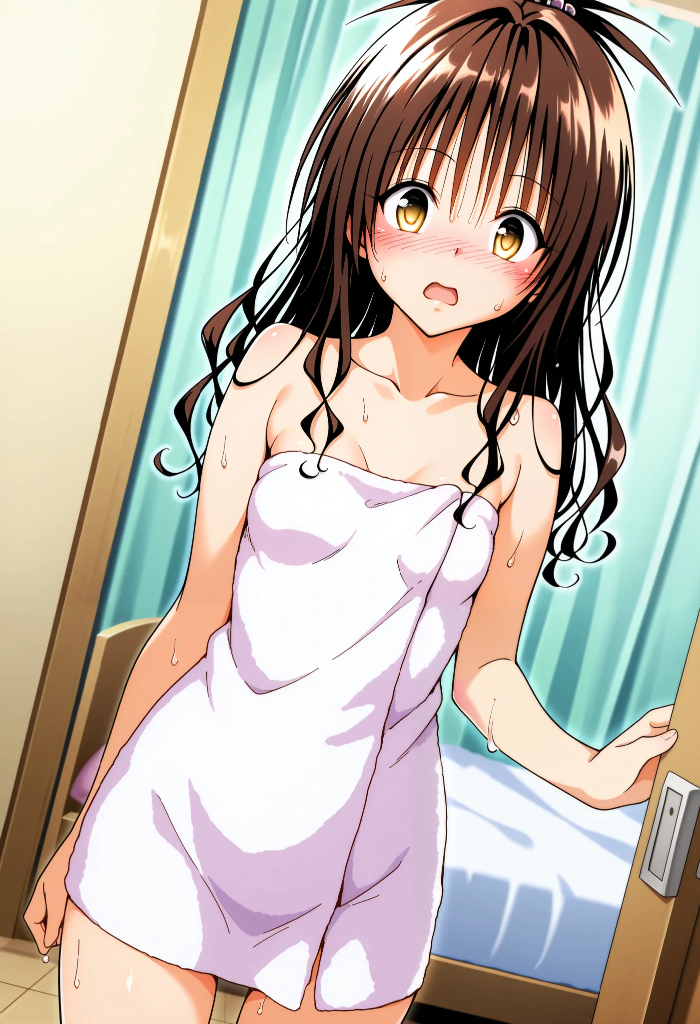 1girl, yuuki mikan, to love-ru, brown hair, yellow eyes, wide-eyed, long hair, hair down, wavy hair, small breasts, anime coloring,a surprised face,  open mouth, nose blush, blush, looking at viewer, , naked towel, wet hair, wet skin, indoor, bed room, sta...