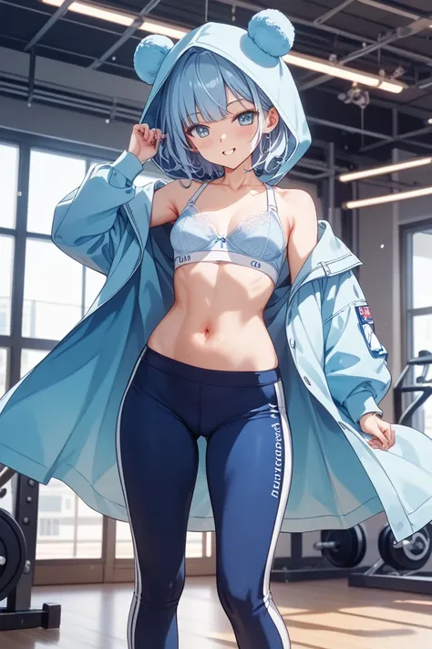  middle school girl、 illustration style、 small breasts、 Read more、 、Short stature、 body low in fat、A thick light blue spobra that shows the skin on the stomach and shoulders、 long g pants that go up to the foot、 Tight Stomach、Show off your stomach、I'm trai...