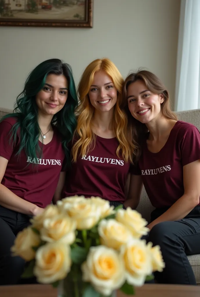 3 Beautiful women, smooth white skin, thin smile,one women with long dark green  hair , they are wearing the same maroon Shirt with RAYLUVENS Writing ,black cargo pants,one women with yellow bright hair,and one women with short dark brown hair,sitting toge...