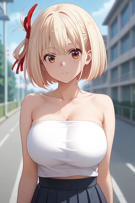 chisato nishikigi, short hair, bangs, blonde hair, red eyes, hair ribbon, one side up, bob cut, huge breast, (bare top:1.4), skin tight, bursty breast, walking, looking viewer, from front, (depth of field:1.2), outdoor, school building, detailed shading, m...